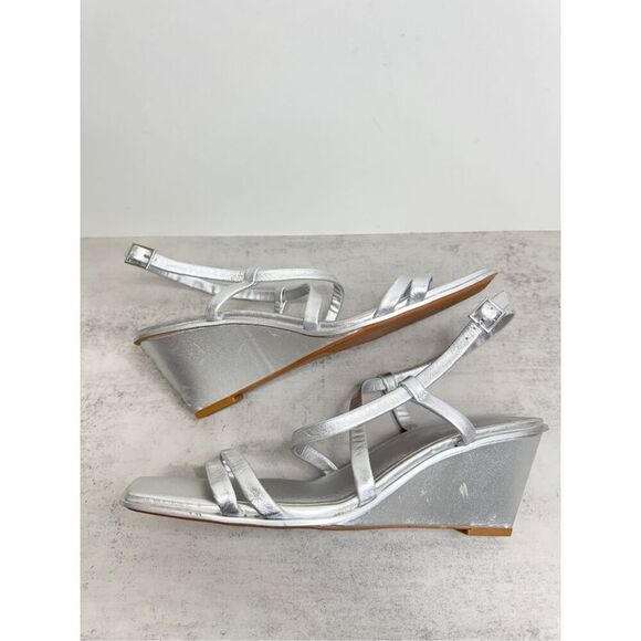 Caslon Sandals Size 9 Silver Leather Paola Open Square Toe Wedges - Picture 6 of 8